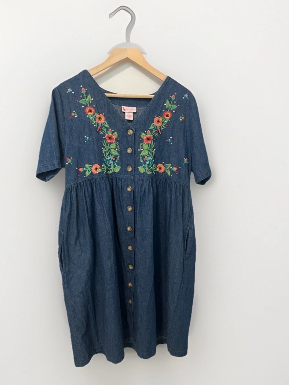 Patio House Denim Women's Dress Sz L Petite Short Sleeve Button Front Go Softly